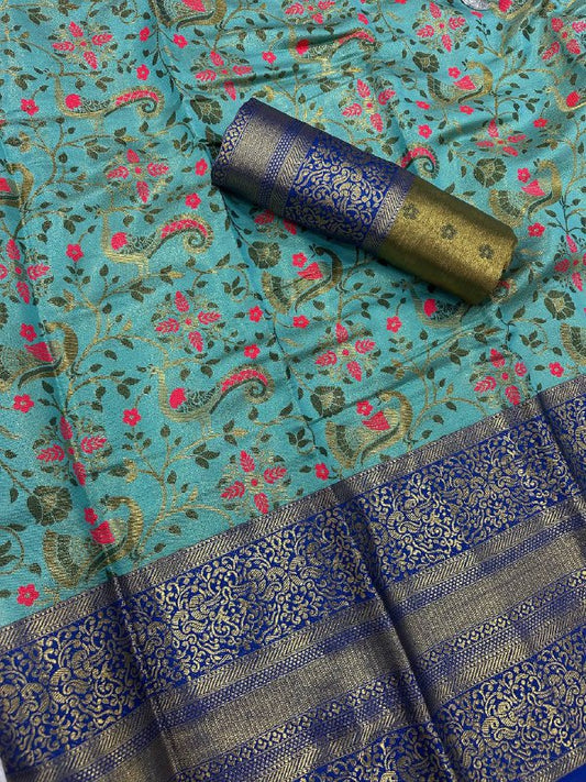 Pure Handloom Kanjivaram Silk Saree with Contrast Border & Rich Zari Pallu