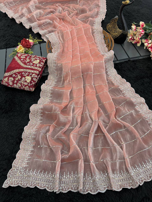 Soft Burberry Fabric Designer Saree with Sequins & Zari Work